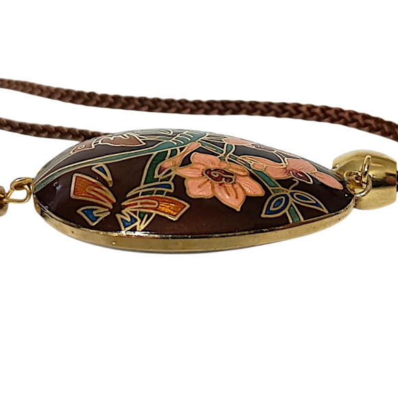 Vtg Cloisonne‎ Tassel Butterfly Necklace 70s Pendant Woven Cord Brown Dual Sided - Picture 5 of 16